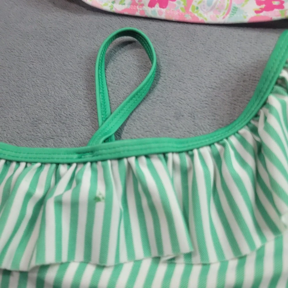 Crown & Ivy Swim Tops Girls Size 5 Pink Green Paisley Striped‎ One Shoulder 2pc